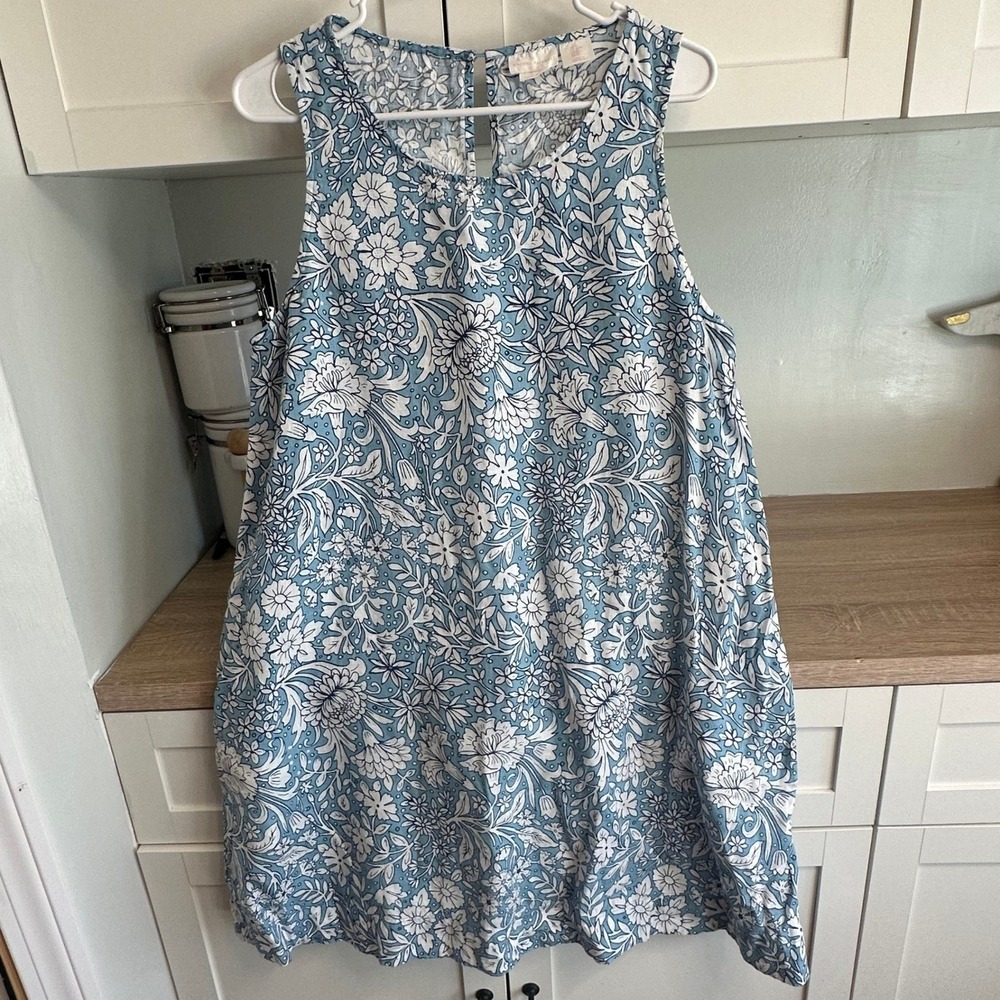 100% Linen Cottagecore Shift Dress Womens M Blue White Botanical‎ Floral Coastal